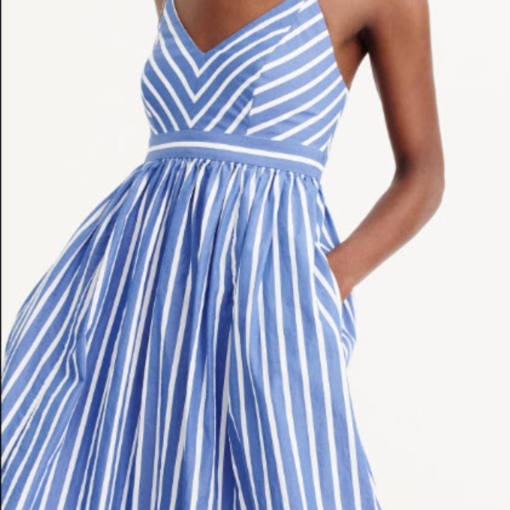 NWT. J.Crew Blue and White Striped, Spaghetti-Strap Maxi Dress. Size 6.